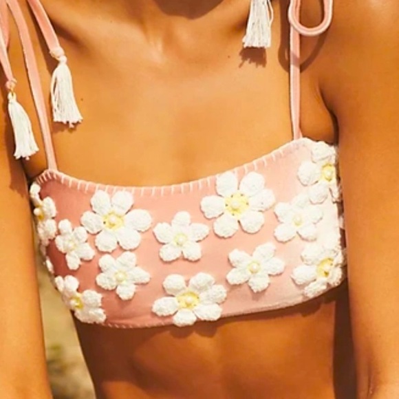 New Capittana x Free People Mafer S M L XL Pink Crochet Daisy Bandeau Bikini Top - Picture 5 of 16